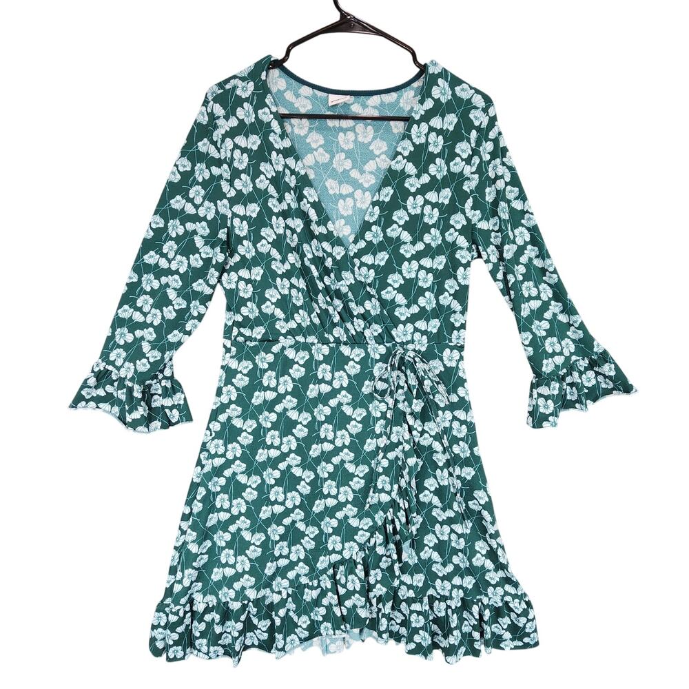 Gina Tricot Dress sz M Women A‎ Line Floral Green Faux Wrap Ruffle Hem Fairy